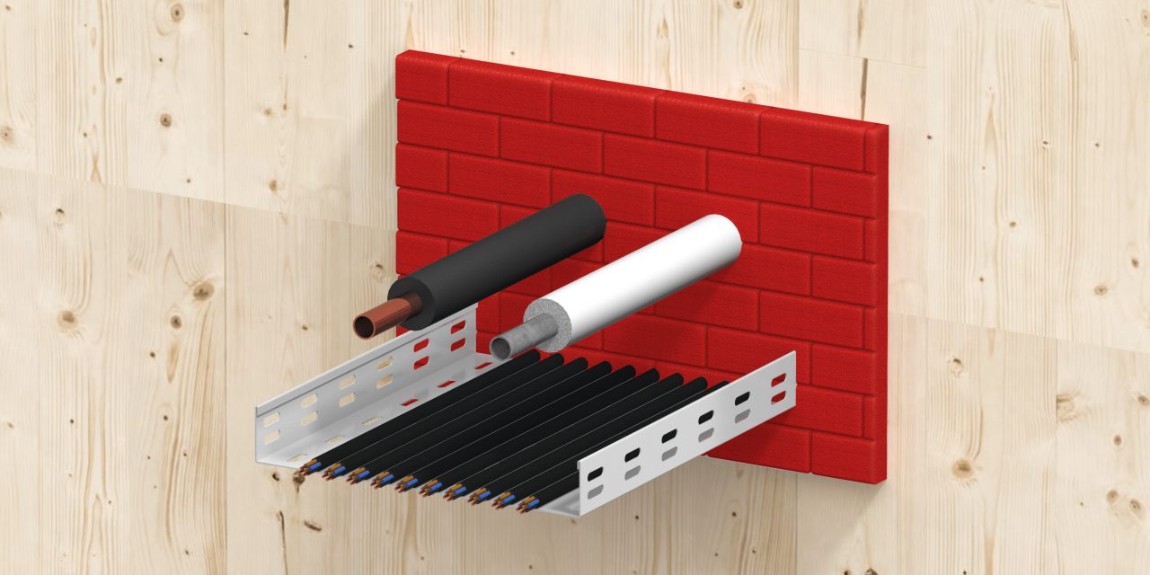 Coupe transversale d’un plancher en bois présentant de la mousse coupe-feu CFS-F FX autour de conduits, de câbles et d’un chemin de câbles (grandes ouvertures)