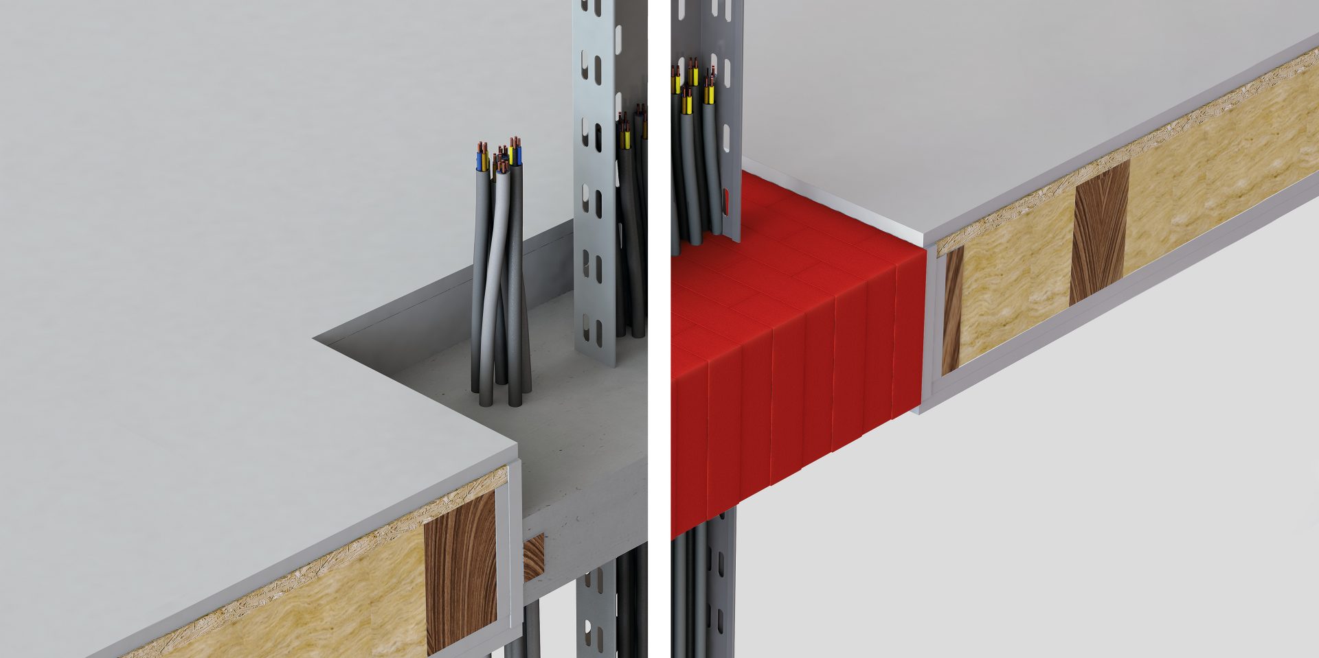Comparaison d’une solution classique de résine (à gauche) et de briques sèches rouges coupe-feu Hilti (à droite) pour un plancher en bois