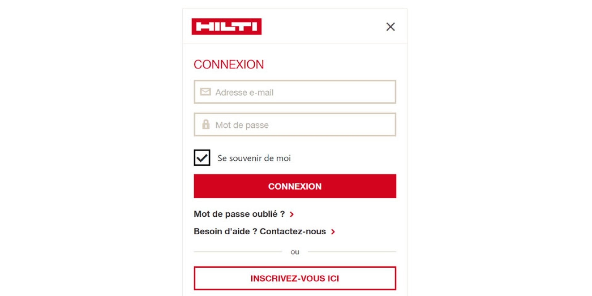 capture d'écran pour s'inscrire sur hilti.fr