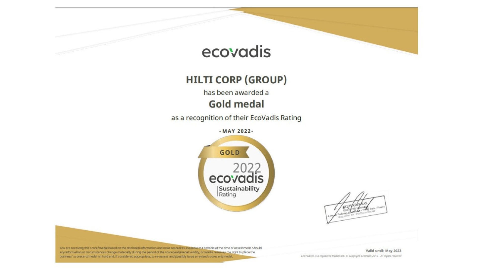 Certificat de la médaille d'or Ecovadis Hilti
