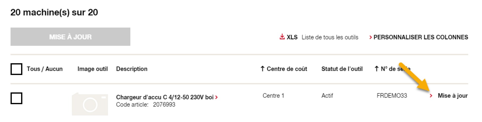 Mise à jour du centre de coût en gestion de parc machines