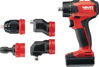 Visseuse-perceuse à têtes multiples SFE 2-A12 Visseuse-perceuse sans fil 12 V compacte à têtes multiples (excentré, angle droit, autoserrant de 13 mm sans clé et porte-embout hexagonal) pour les travaux d'installation dans les espaces exigus et dans les coins