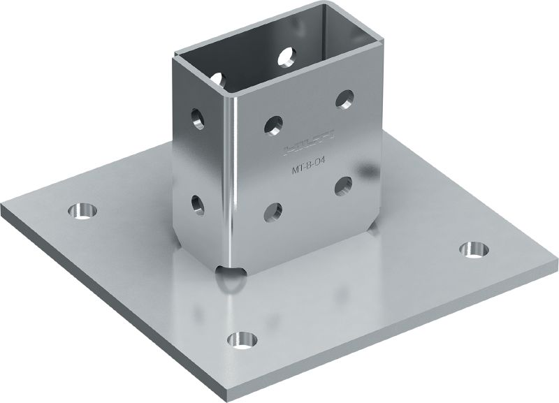 Platine pour charges 3D MT-B-O4 Connecteur de base pour l'ancrage de structures de rails de supportage sous des charges 3D dans le béton et l'acier