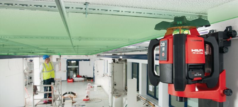 Niveau laser rotatif intérieur PR 30-HVSG A12 Laser rotatif à faisceau vert avec fonctions automatiques pour le positionnement des cloisons sèches, l'alignement des façades, le nivellement des plafonds suspendus et le transferts des hauteurs Applications 1