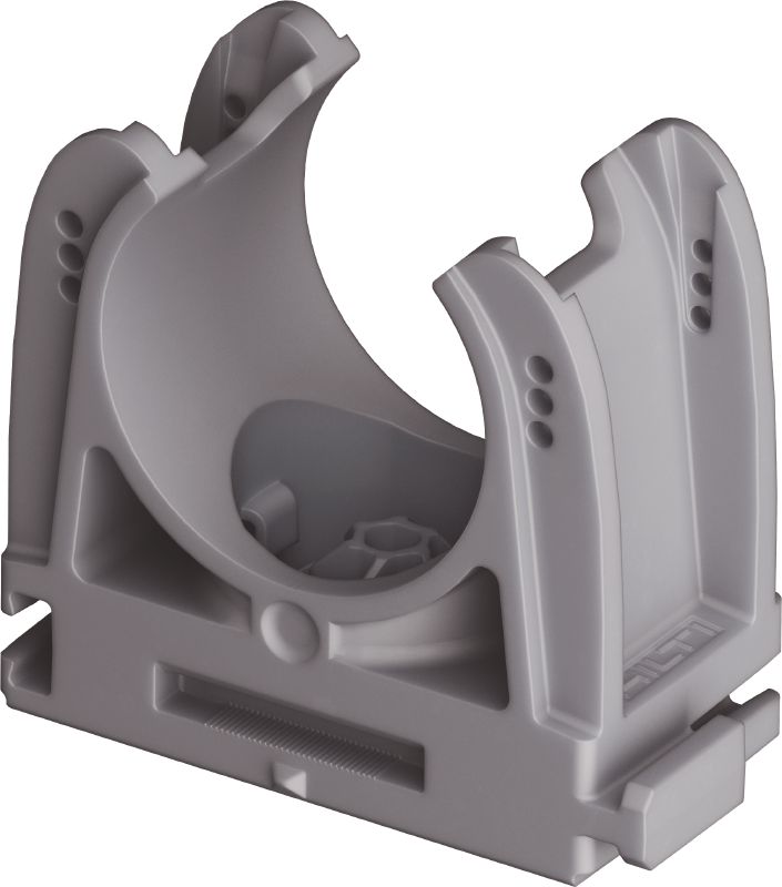 Attache pour tube X-EKS MX (02) Attache pour tube en plastique optimisée pour clous en bande et compatible avec une large variété de méthodes de fixation et de matériaux support