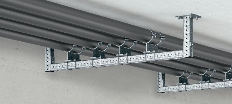 Rail lourd MI Rails lourds de montage galvanisés à chaud (GAC), destinés à la construction de supports MEP ajustables pour charges lourdes et de structures 3D modulaires Applications 1