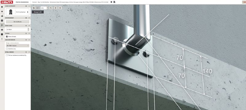 Suite PROFIS Engineering - Logiciel de dimensionnement structurel Logiciel d'ingénierie PROFIS basé en ligne pour le dimensionnement de connexions acier-béton et béton-béton selon une large plage de codes et d'homologations Applications 1