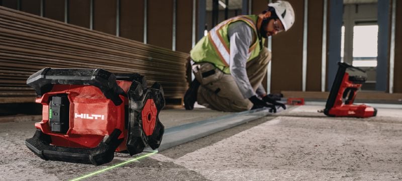 PR 40G-22 Niveau laser rotatif vert pente simple Niveau laser rotatif intérieur robuste avec faisceau vert très visible et fonctions automatiques pour nivellement, alignement, pentes et équerrage (plateforme Nuron) Applications 1